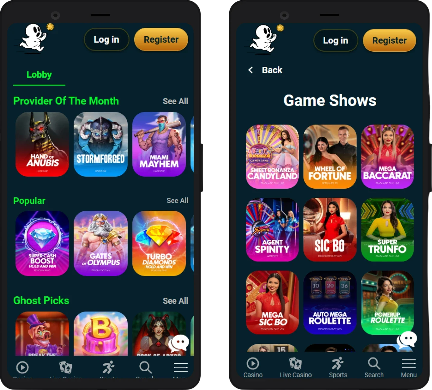 Ghostino op mobiel: lobby en game shows in de browser