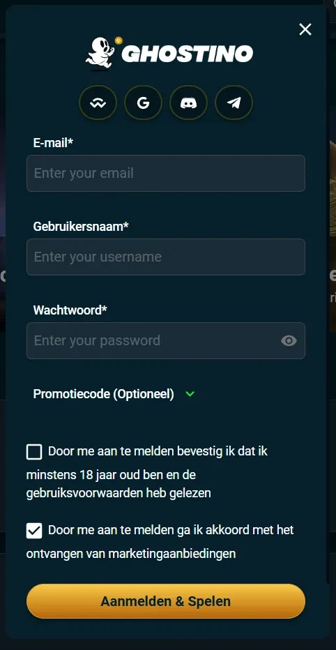 Ghostino: registratieformulier met e-mail, gebruikersnaam en wachtwoord